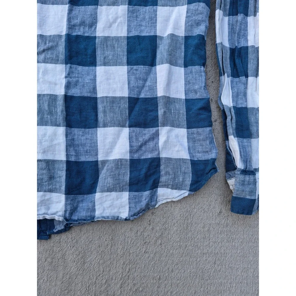 Banana Republic Mens Camden Fit 100% Linen Blue White Buffalo Check Shirt L Tall